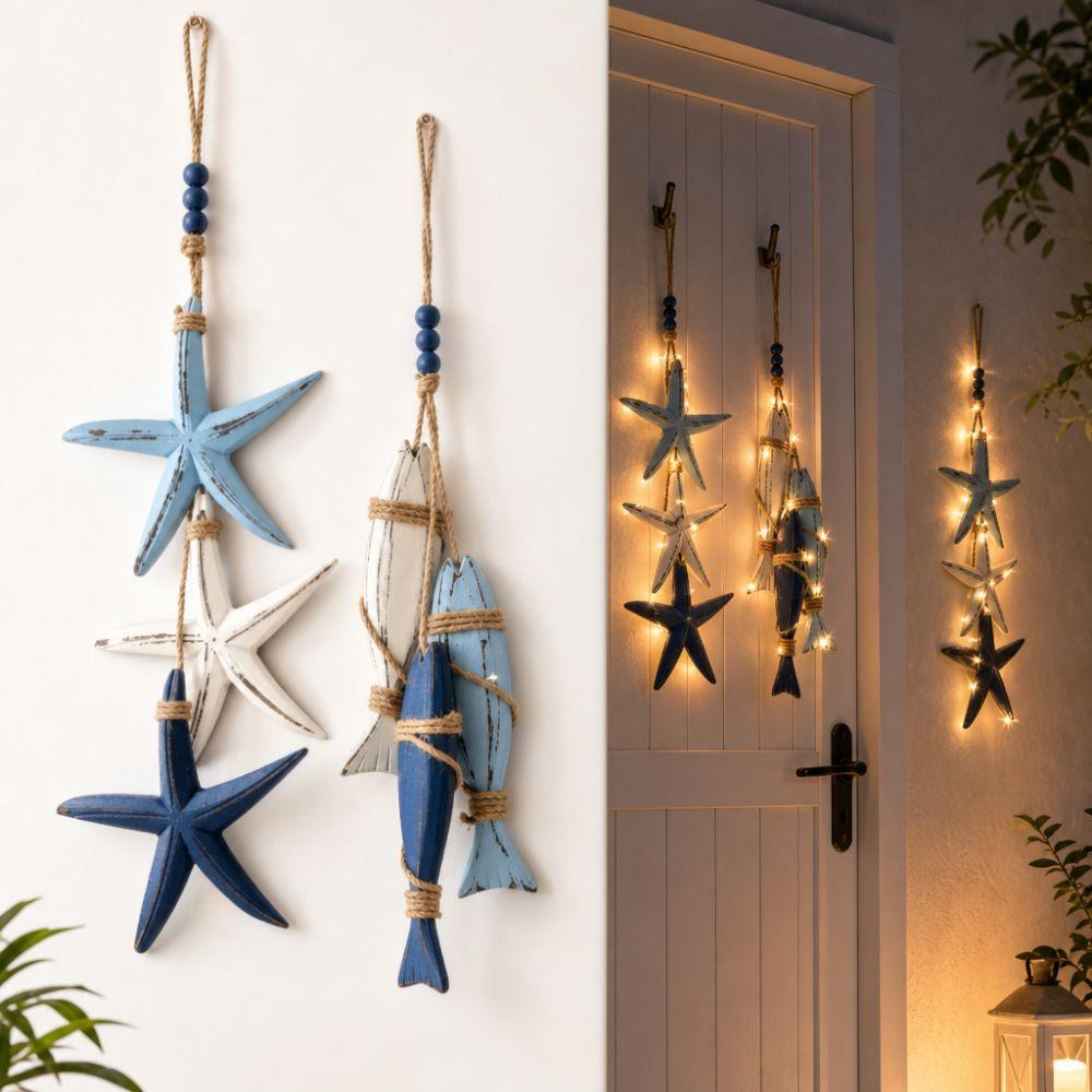 Hanging Lighted Wooden Fish Wall Decor Mediterranean Decorative Starfish  Restaurant Wall Art