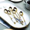 Stainless Steel Dessert Spoon Ceramic Long Handle Icecream Spoon Teaspoon Gold Coffee Cake Fruit Milk Spoon Kitchen Tableware