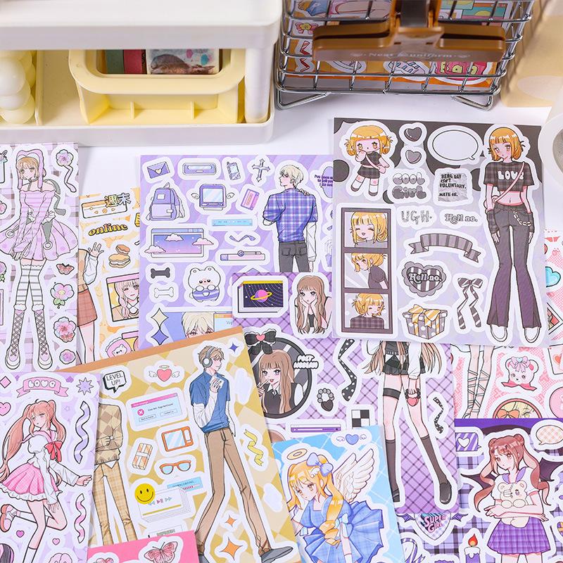 20Sheets/pack Kawaii Cartoon Girl Change Outfit Stickers Aesthetic Decorative Adhesive Diy Book Junk Journal Supplies