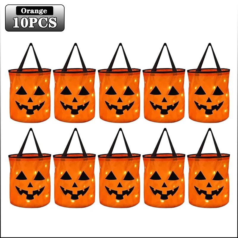 1-20PCLED Light Up Halloween Pumpkin Candy Tote Bag Basket for Kids Trick or Treat Party Bucket for Holiday Event Decoration Use
