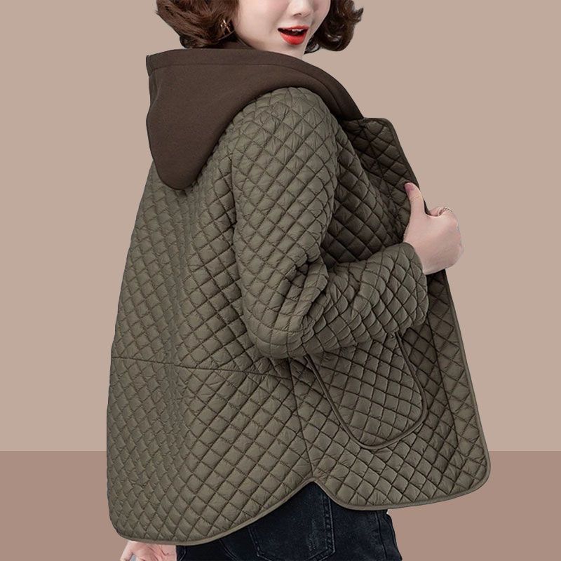 Rhombic Cotton Women's Autumn and Winter Fashion Age-reducing Middle-aged Mother's Hooded Loose Large Size Quilted Jacket