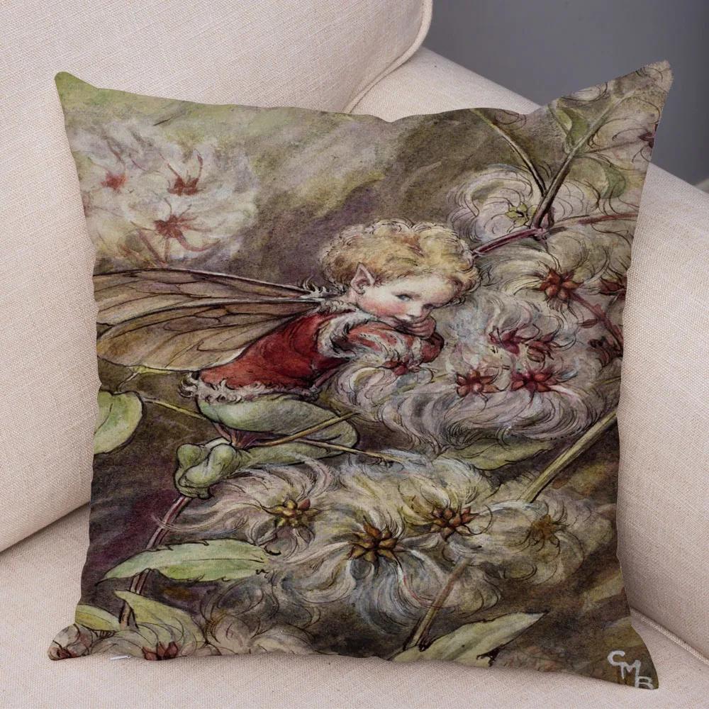 Vintage Cartoon Elfen Kissenbezug Dekor Bunte Märchenwelt Kissenbezug Plüsch Blumenmädchen Kissenbezug für Sofa Zuhause