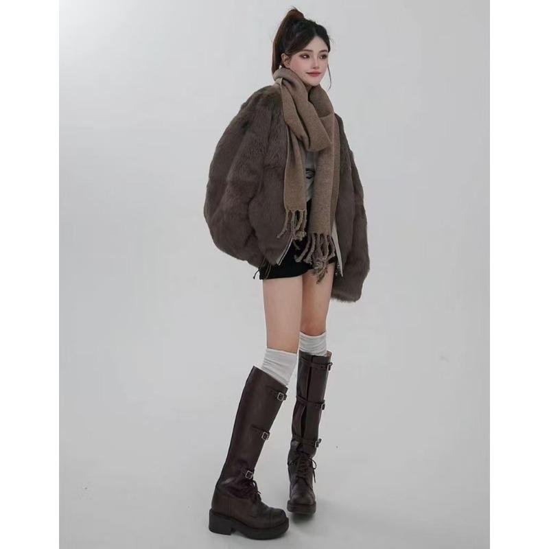 Women Stand Collar Short Workwear Faux Fur Lined Parka Jacket