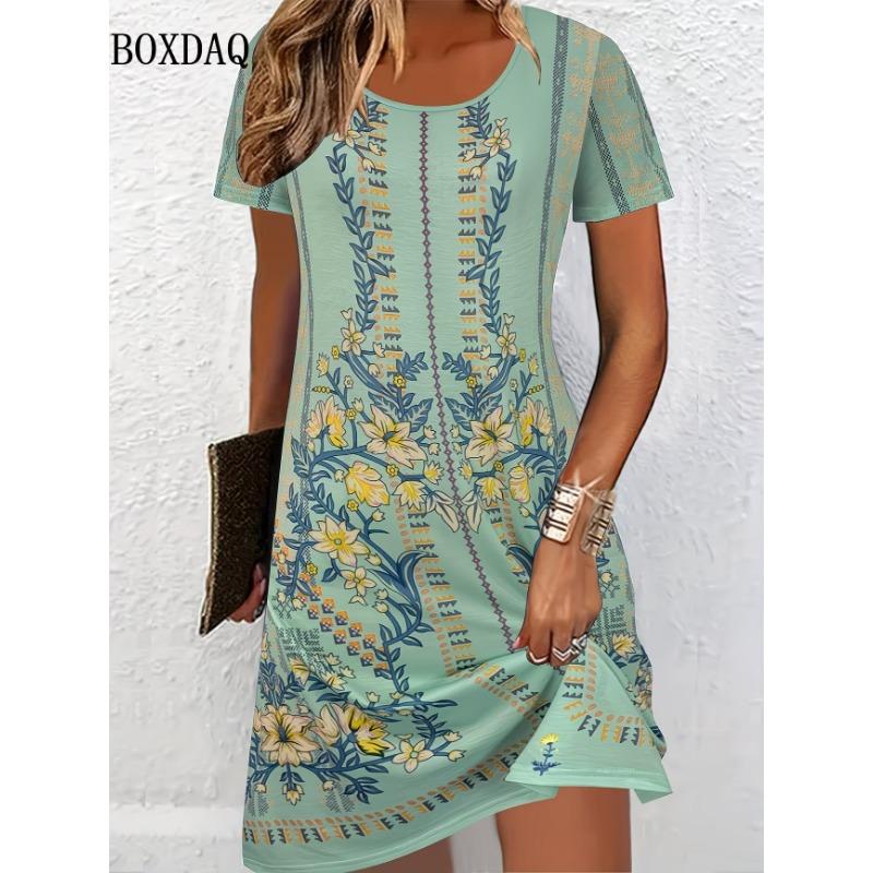2026 New Summer Fashion Elegant Women's Dress Loose Casual Short Sleeve Dress Women Flowers Printed Dress Vestidos