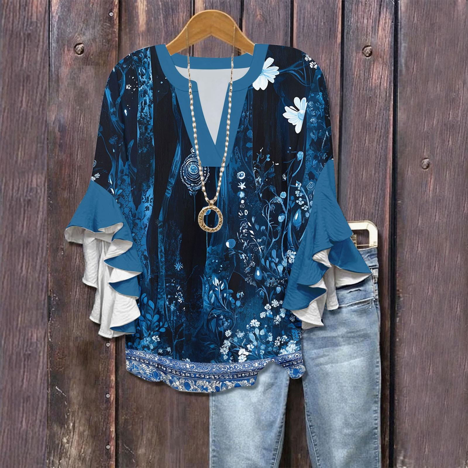 

Рубашки с рукавами 3/4 для женщин, симпатичные футболки с графическим принтом, блузки, повседневные, больших размеров, базовые топы с оборками на рукавах, пуловеры L