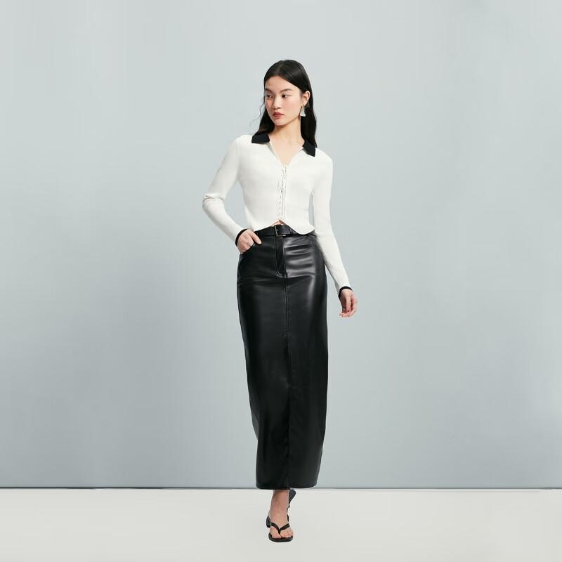 Veromoda Women's Colorblock Lapel Tie-Up Knit Top