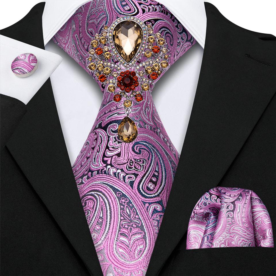 Luxury Tie with Brooch for Men Paisley Solid Formal Silk Necktie Hanky Cufflink Set