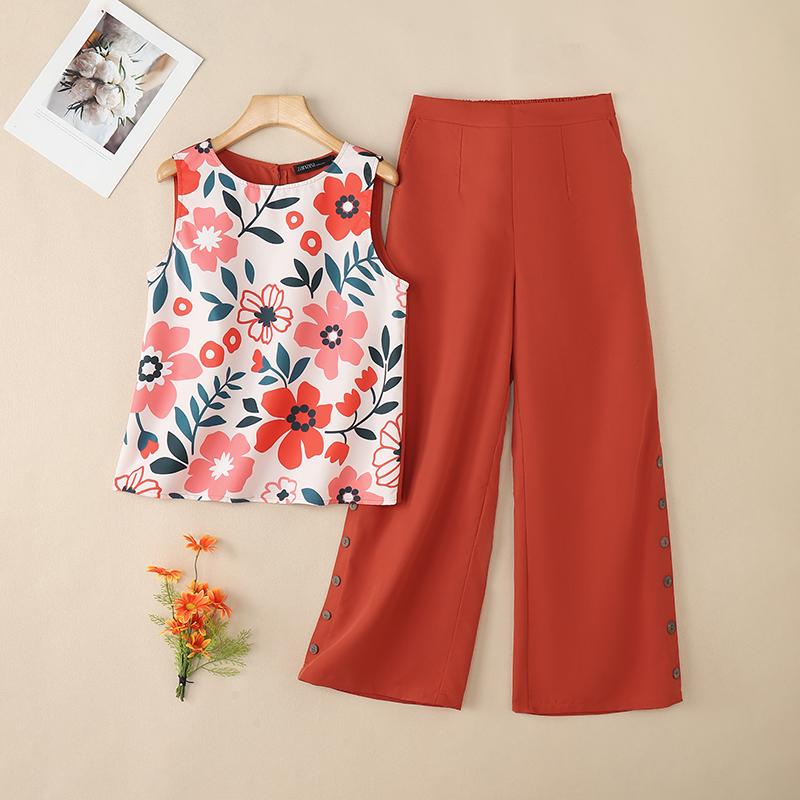 

ZANZEA Women Sleeveless Print Tank Tops and Pants Summer Two Piece Suit Sets XL оранжевый