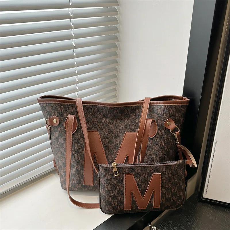 Monogrammed Tote Bag & Mini Bag Set Stylish Purses with Logo Accents Large Capacity Handbags Shoulder Bag for Women's Daily Use
