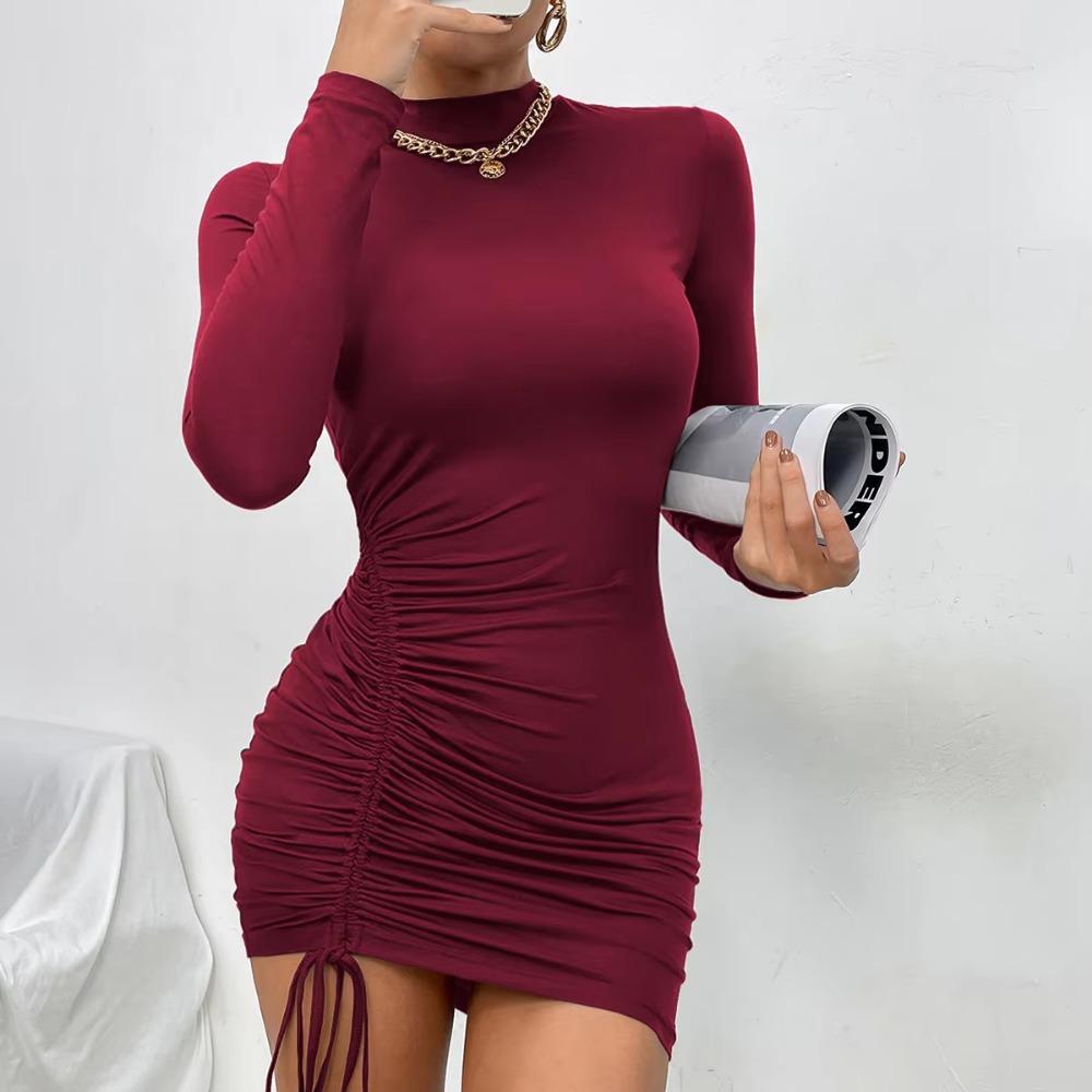 Sexy Mini šaty Bodycon zakrývající boky Dámská móda O-výstřih Dlouhý rukáv Šaty pro ženy Elegantní Štíhlé Řasení LaAe Up Vestidos