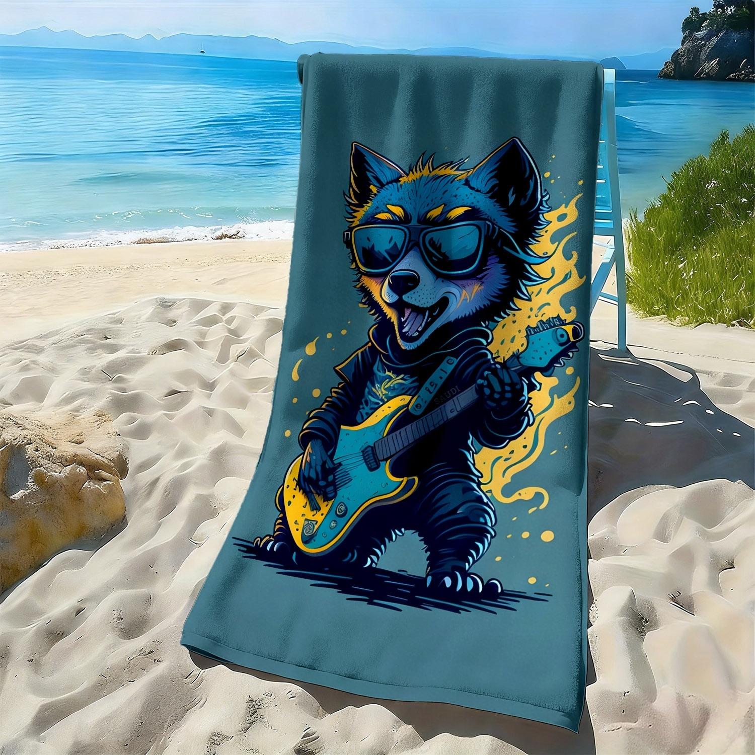 Rock cartoon cool flames guitar pattern polyester microfiber beach towel is highly absorbent, suitable swimming beach outings W40*H60(CM)