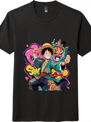 One Piece Luffy Chinesischer Graffiti-Casual-T-Shirt, Unisex-T-Shirt, Schwarz und Weiß