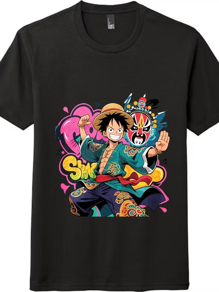 

One Piece Luffy Chinese Style Graffiti Casual T-Shirt, Unisex Tee, Black and White 4XL