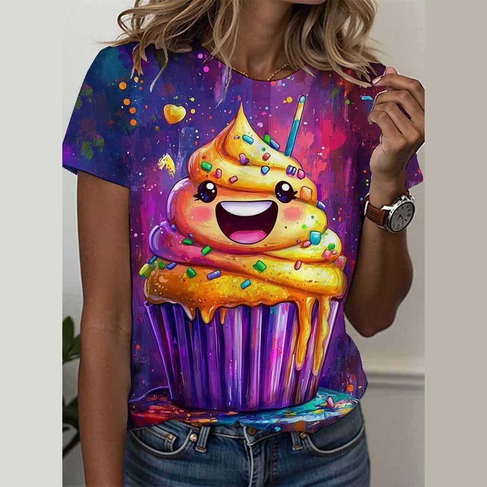 3D Short Sleeved Summer T-shirt for Women's Cami Abstract Image Printed Cartoon T-shirt