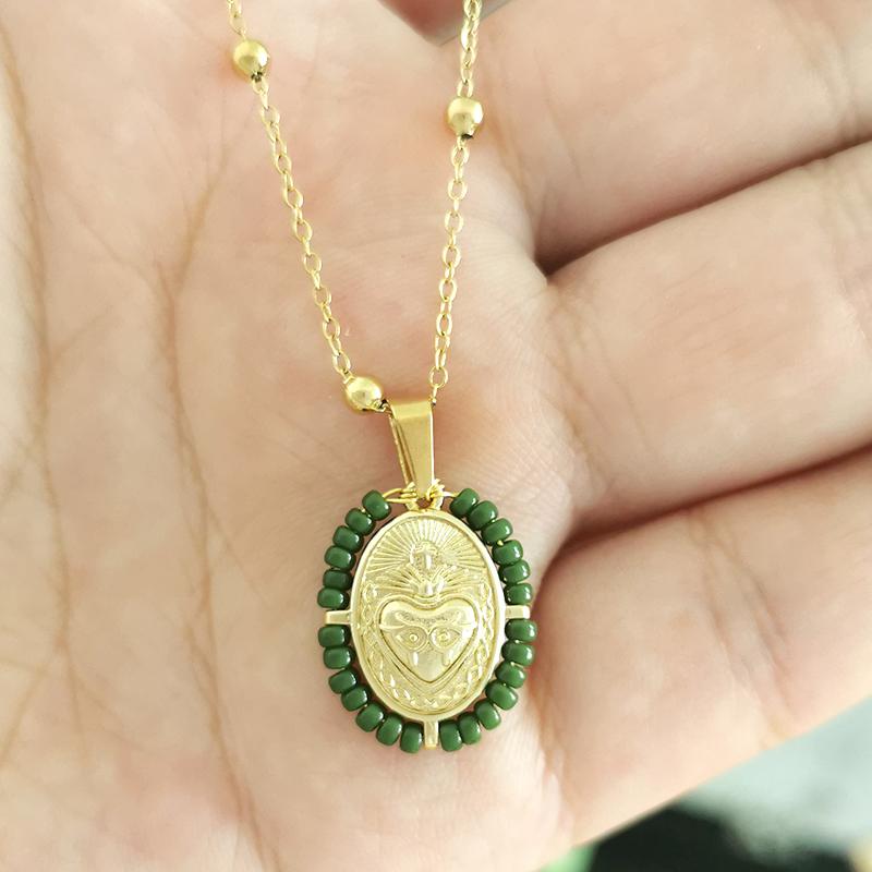 QMHJE Virgin Mary Pendant Charm Necklace Women Cross Scared Heart Jesus Choker Seed Beads Stainless Steel Chain Gold Color Mom