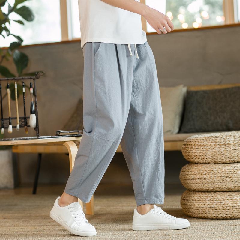 2024 Summer Men's Korean Style Casual Cotton Linen Pants: Loose, Straight-Leg, Chinese Style Cropped Trousers