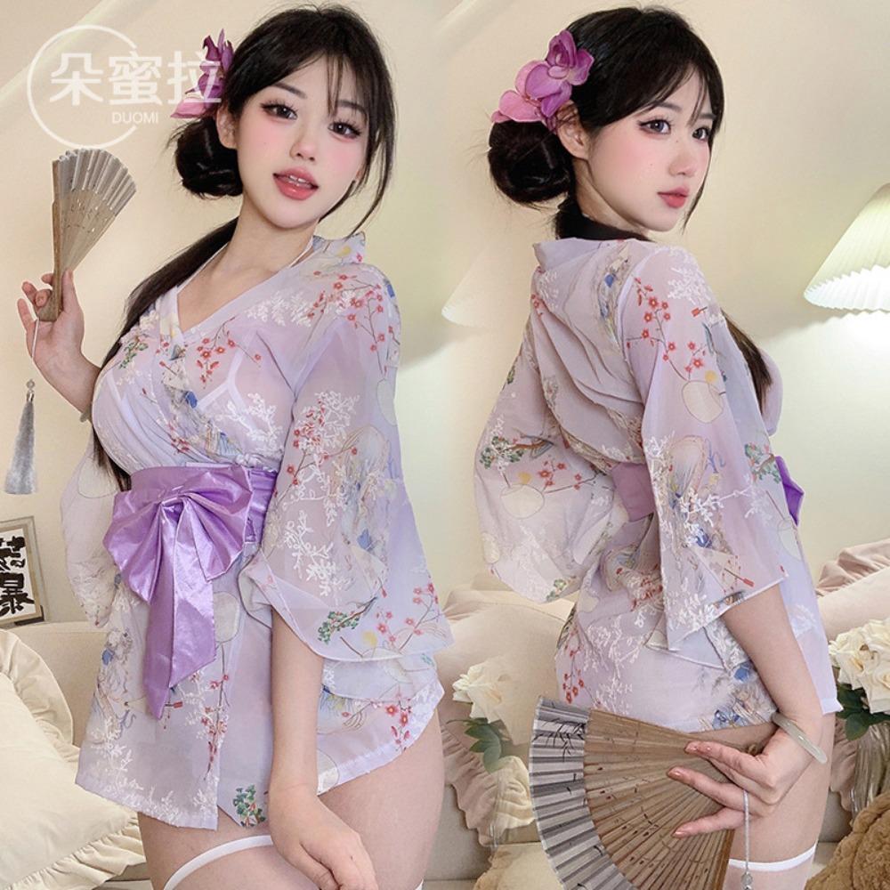 Domila Sexy Underwear Japanese Sexy Cardigan Three-point Chiffon Embroidered Kimono Hot Uniform Women's Suit