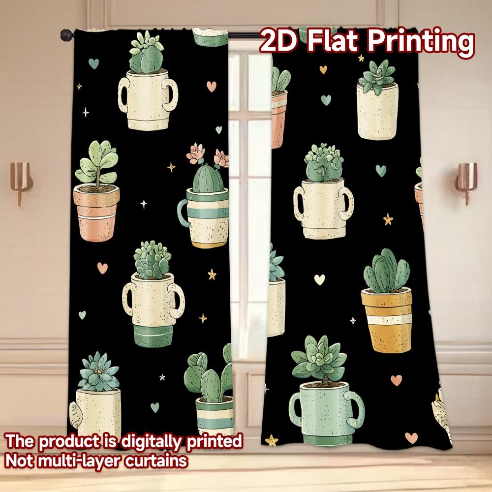Set Of 2 Flat Printing Curtains Without Rod Green Plants Stars Ramadan Festival Chic Print Polyester Curtain Made