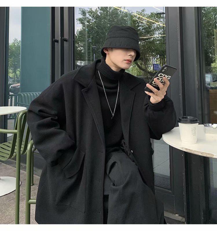 Men's Trendy Mid-Length Woolen Coat - Hong Kong Style, Autumn/Winter, Korean Version, Casual Fit, Handsome Look.