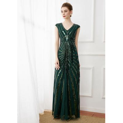 Retro Banquet Dark Green Long Sequined Evening Dress Plus Size Bridesmaid Wedding Dress Deep V Elegant Dress Long Dress