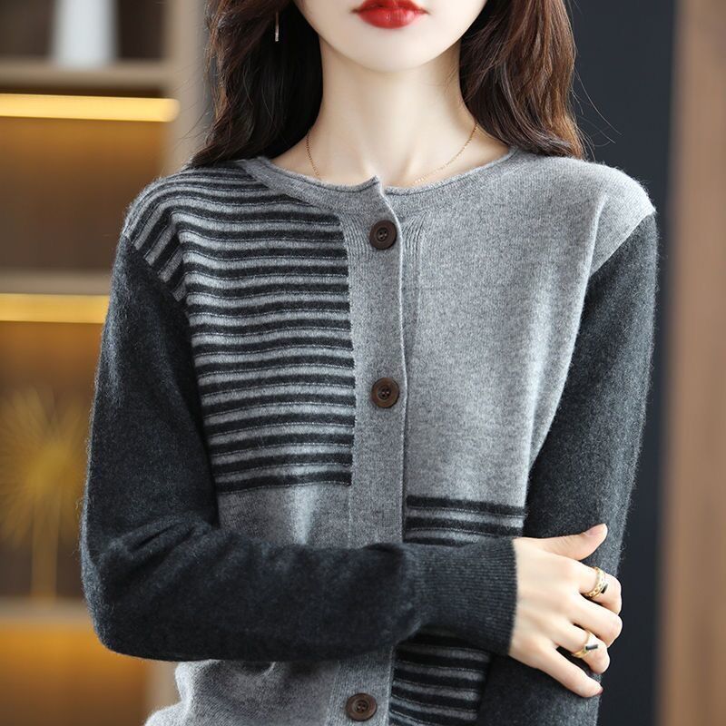 Spring and Autumn Women's Knitted Cardigan Round Neck Loose Striped Sweater Knitted Sweater Autumn and Winter