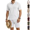 Mens Summer Casual Textured Polo Short Sleeve Shorts Set