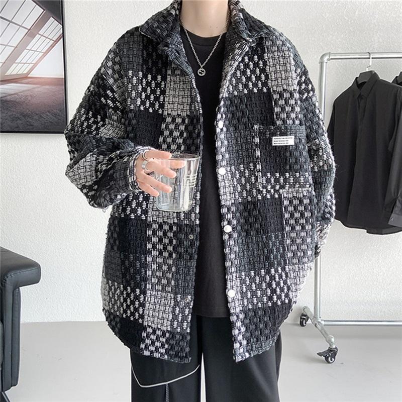 

Men s Plaid Tweed Jacket Casual Button Down Shacket Coat Long Sleeve Loose Fit Streetwear Autumn Winter Fashion Outerwear L чёрный