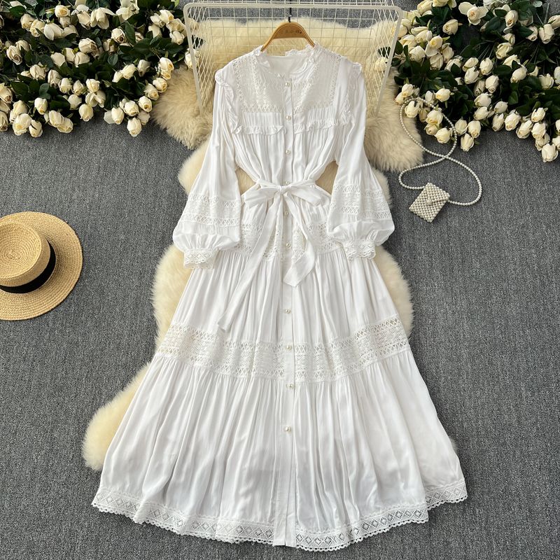 

Cool Air Fancy Dress Female French Refined Handmade Lace Patchwork Waist Trimming Lace up Elegant Big Hem Vacation Dress White All yards