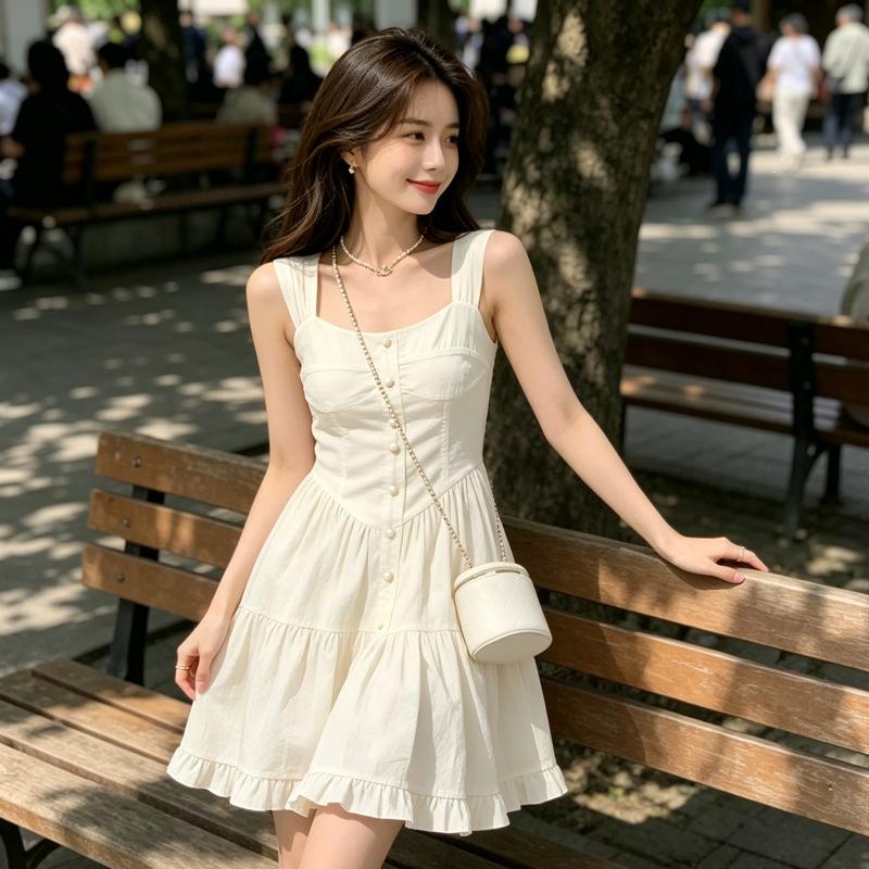 Temperament dopamine sweet pure desire wind sleeveless splicing solid color cake dress women's summer splicing dress