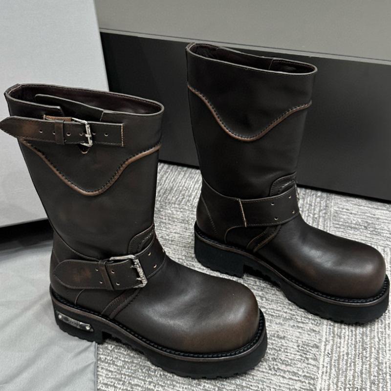 

Женские черные кожаные ботинки на шнуровке с пряжкой, высокие, на толстой подошве, в дерзком стиле, модные мотоботы 40