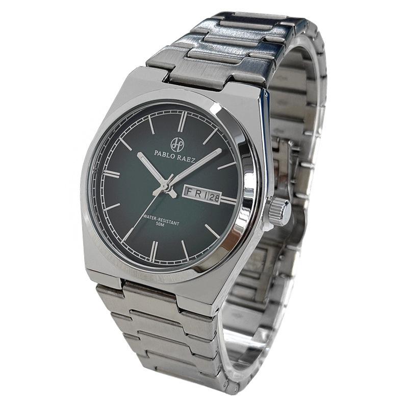 PABLO RAEZ Steel Band Men's Wristwatch with Double Calendar and Butterfly Buckle - Stylish & Trending Casual Business Watch