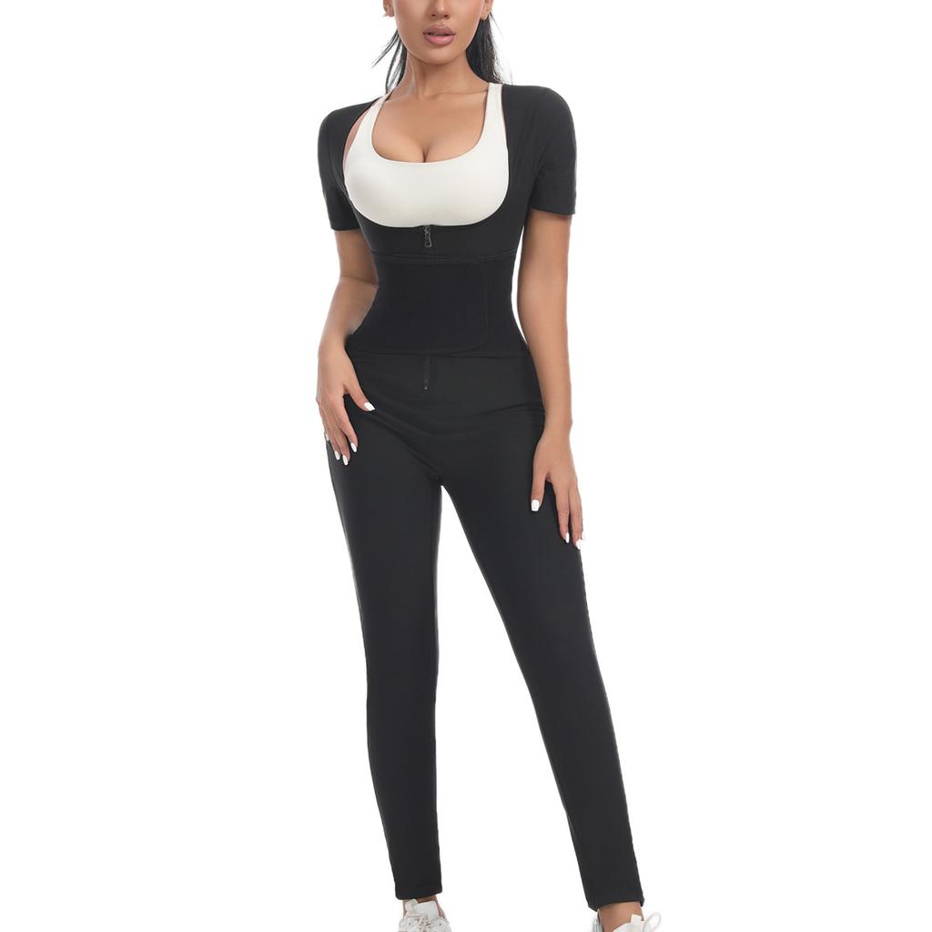 Professional Short Sleeve Sauna Jumpsuit with Adjustable Waist Trimmer Thermal Sweat Body Shaper Women Gym Workout Wear