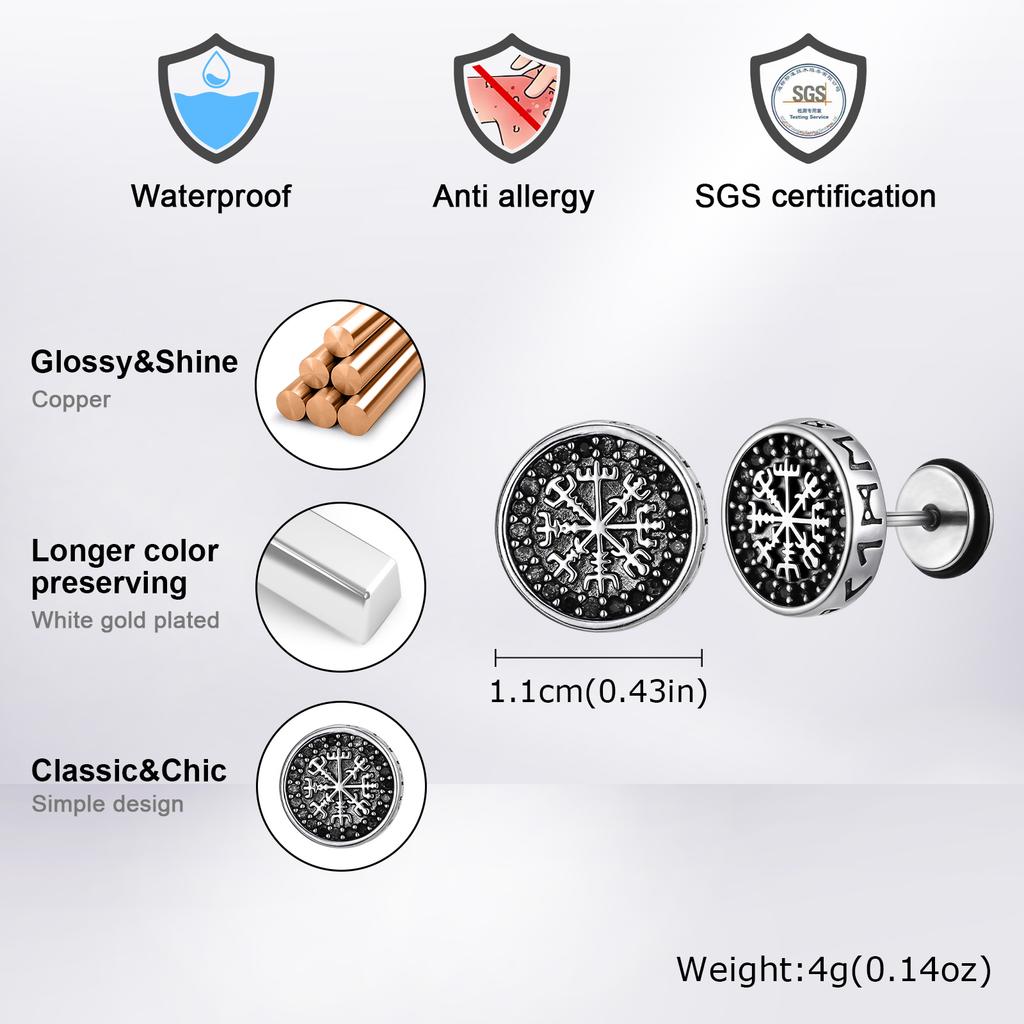 Vintage Gothic Norse Viking Stud Earrings for Men Boys, Rock Punk Runes Round Earrings, Fashion Piercing Jewelry Gift