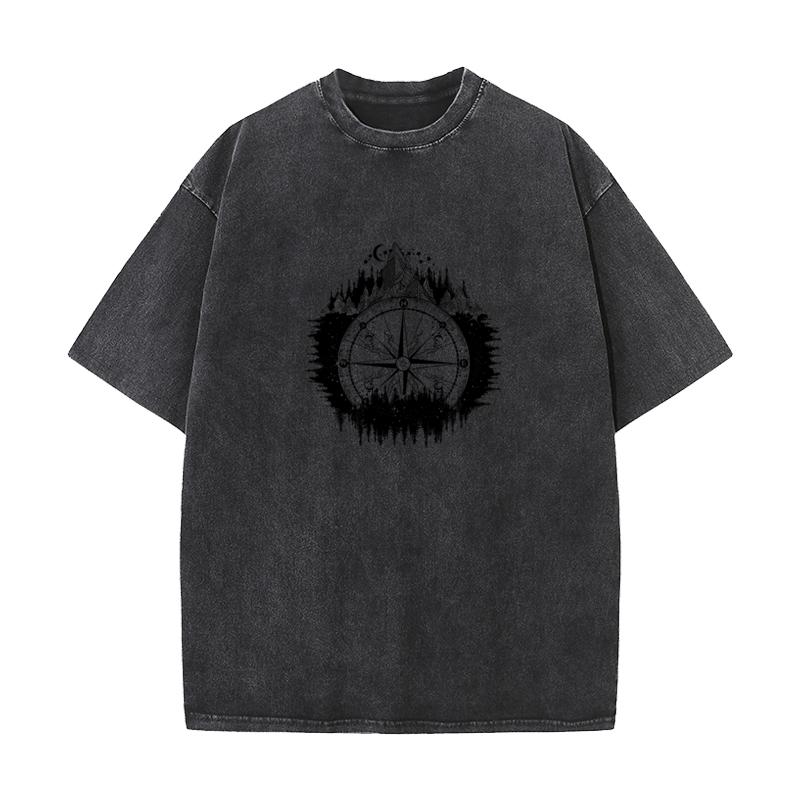 Premium Cotton Mans Short Sleeve Stylish Compass vintage Washed T Shirts Geek Tees Retro Gift ONeck Washed T Shirts