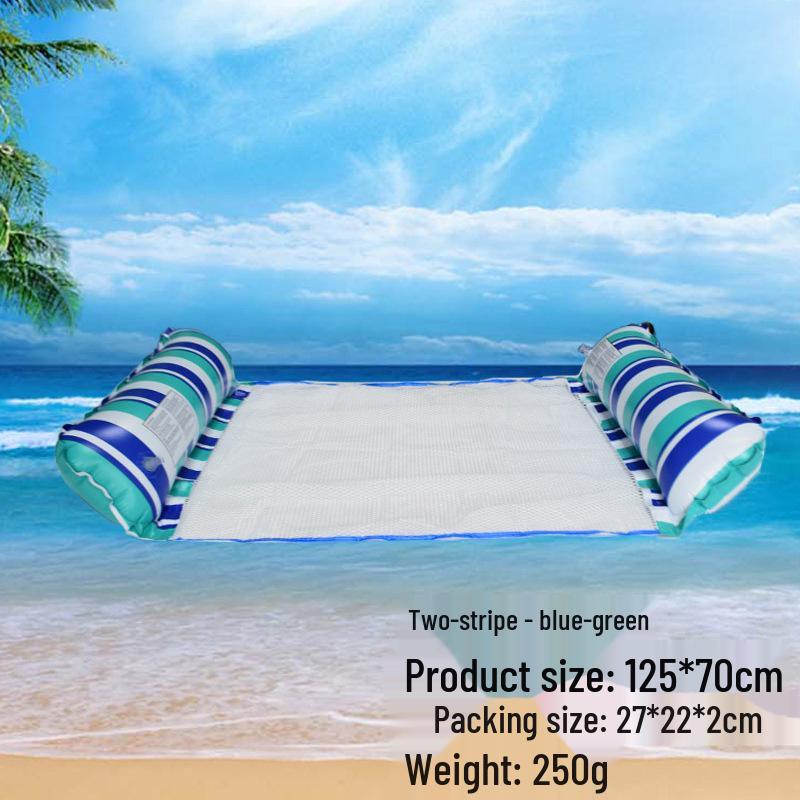 Portable Foldable PVC Striped Water Lounge Chair with Hanging Net - Single Inflatable Floating Bed