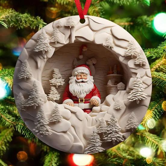 Christmas Hanging Ornament Xmas Tree Santa Pendant 2D Flat Acrylic Tree Decoration for Shopping Mall Office Hotel Bar Decor KTY