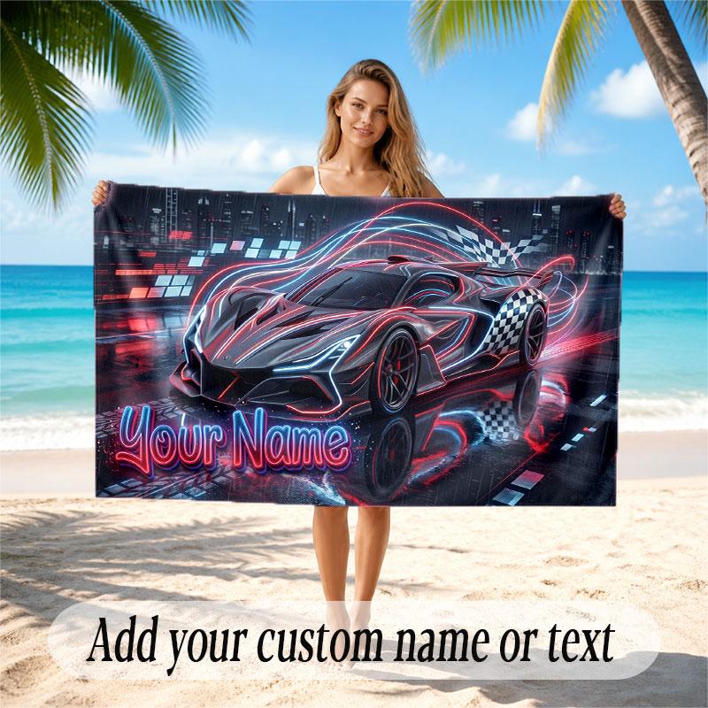 Car Racing Theme Beach Towel Personalized Custom Name & Text Soft Quick Dry Beach Towel for Swimming Travel