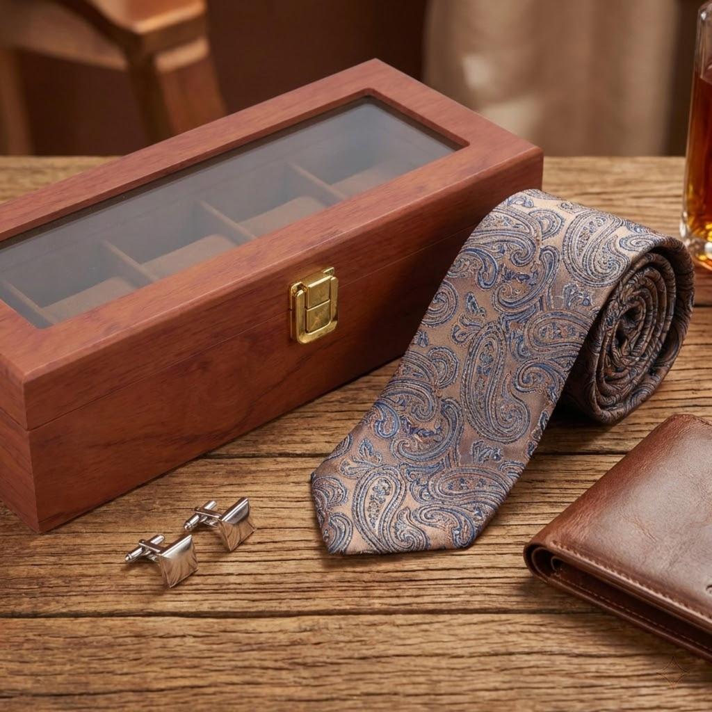 Wooden Watch Case For Men Collection 6 Compartments Display Organizer Box With Clear Glass Viewing Lid And Removable Pillows
