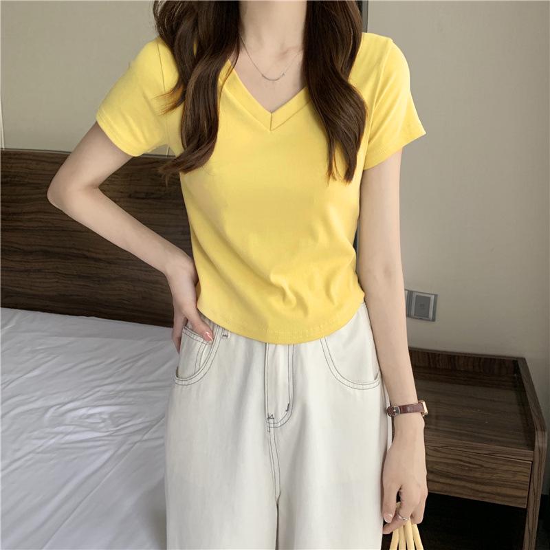 

2025 Summer V-Neck Straight Shoulder Short-Sleeve Slim Fit Irregular Women’s T-Shirt Extra Large жёлтый