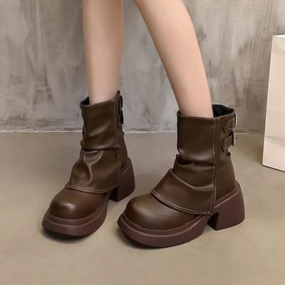 Fashion Women's Fashion Boots Thick Heel Sleeve Square Heel Anti-slip Shoes for Women Buckle Round Head Middle Follow Shoes for Women