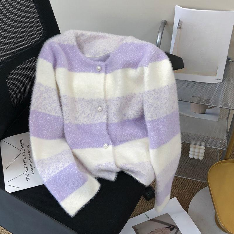 Soft Rainbow Striped Knit Sweater Women Autumn Mink Top Beautiful Pullover