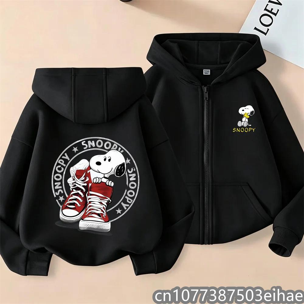 Boys Girls Spring Autumn Snoopy Cartoon Zipper Hooded Coat Kids Long Sleeve Casual Hooded Sweatshirt Printed Daily Zip Top