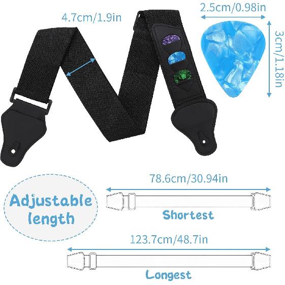 Guitar Strap with 3 Pick Holders, Includes 6 Guitar Picks and a pick box- Adjustable for Acoustic Electric Guitar