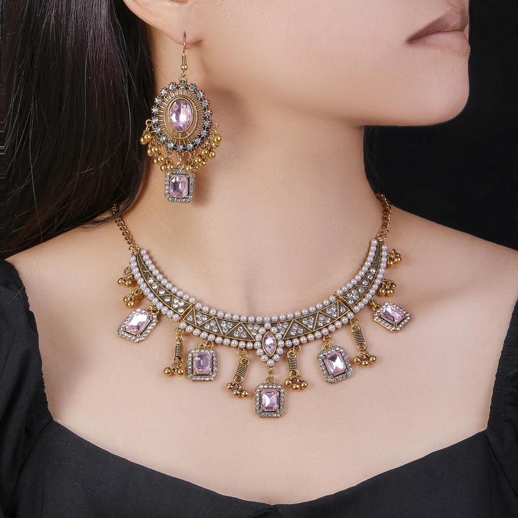 Retro Indian-Style Rhinestone Necklace & Earring Set with Tassel Clavicle Chain