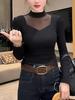 Plus Size Velvet Mesh Patchwork High Neck Long Sleeve Top for Women - Slimming & Versatile Fall/Winter Style for Curvy Figures