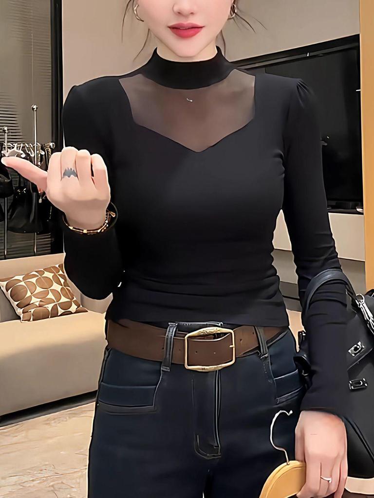 Plus Size Velvet Mesh Patchwork High Neck Long Sleeve Top for Women - Slimming & Versatile Fall/Winter Style for Curvy Figures