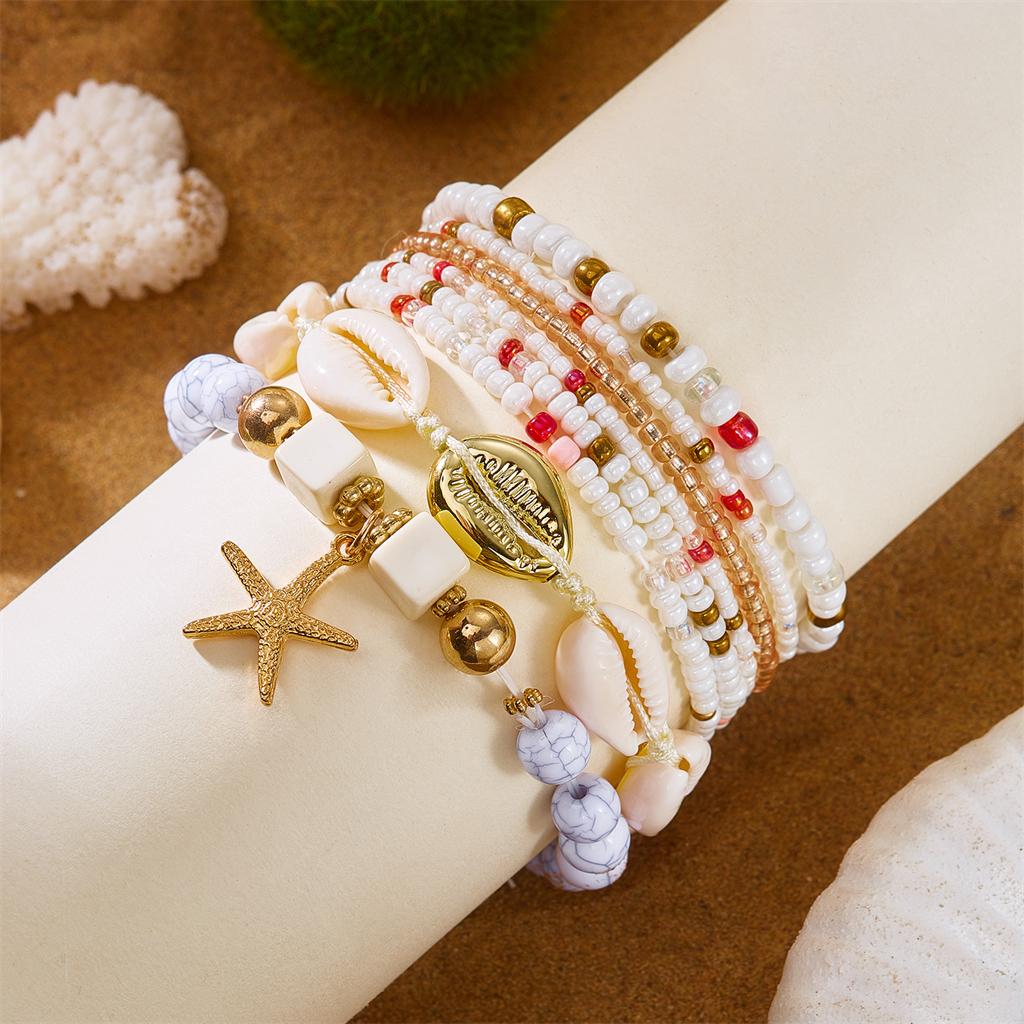 Bohemian Multilayer Shell Starfish Bracelets for Women Summer Beach Elastic Beaded Anklet Bracelet Set Vacation Jewelry Gift
