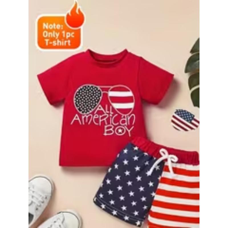 

1pc Independence Day Summer 100% Cotton Fashion Boys ALL AMERICAN BOY Cartoon Letter Printed Boys Short Sleeved T-shirt 160
