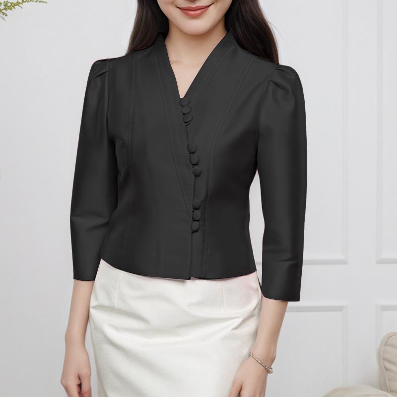 ZANZEA Women Casual V-Neck 3/4 Sleeve Elegant Satin Blouse