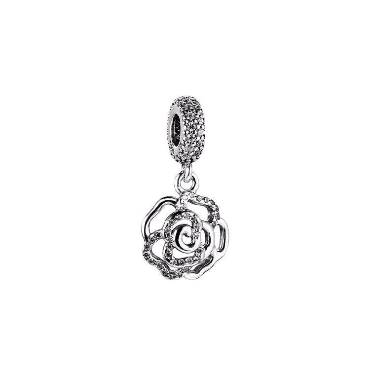 Pandora Hollow Sparkling Rose Pendant Charm Unisex Jewelry 791526CZ Silver